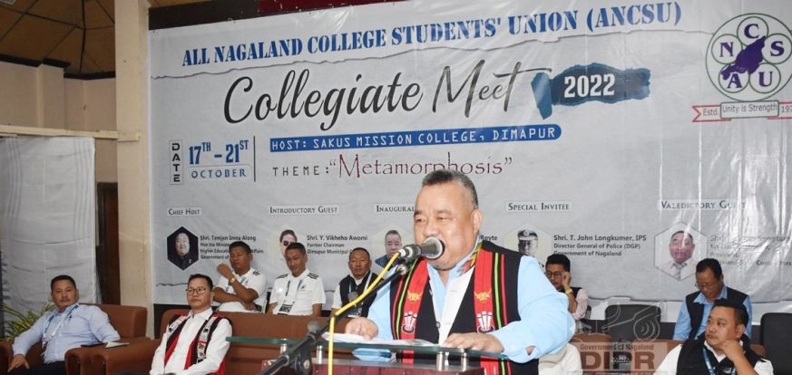Mizoram’s Minister of State for Sports & Youth Services, Robert Romawia Royte addressing the ANCSU Collegiate Meet at Sakus Mission College campus, Dimapur on October 18.